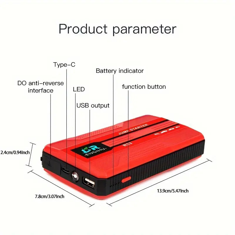 Portable Car Jump Starter with LED Flashlight – 12V Emergency Power Bank for Gasoline & Diesel Vehicles